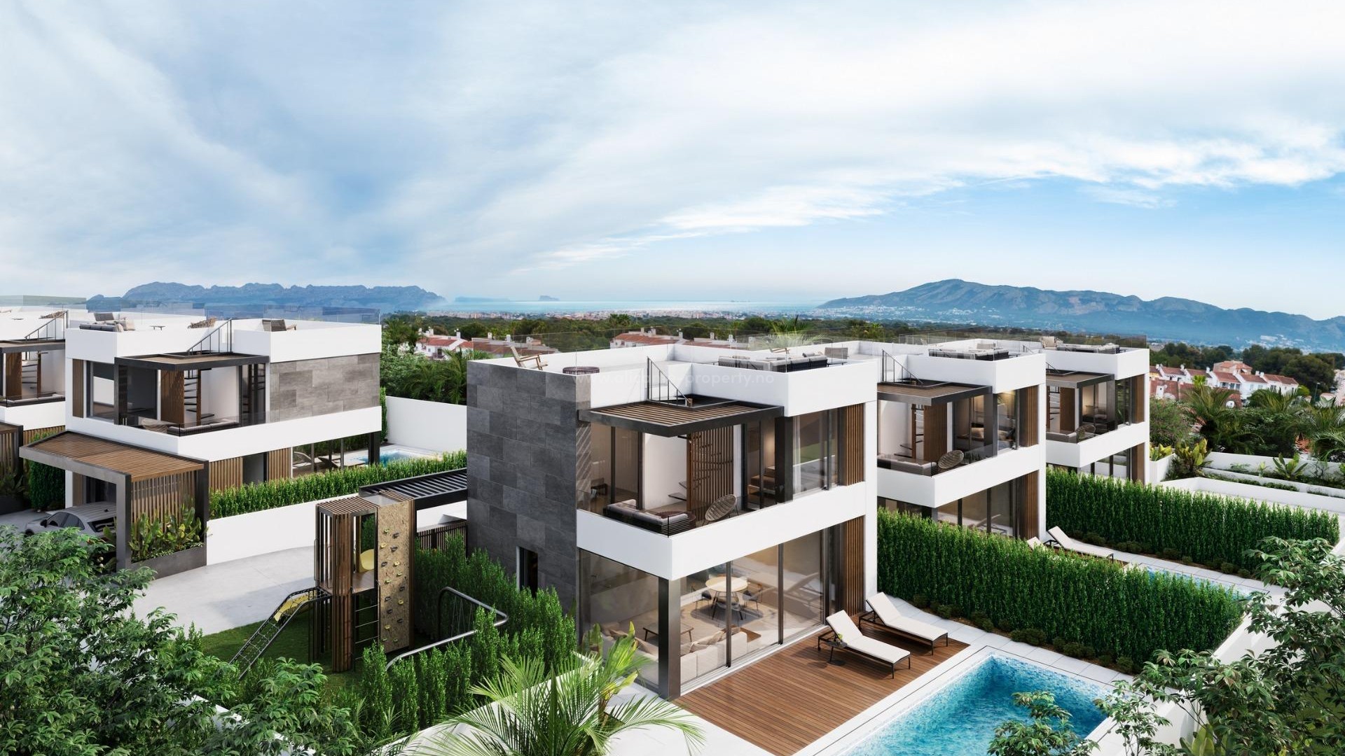 Nye villaer/hus i La Nucia, 3 soverom, 2 bad, terrasse, privat hage med basseng, fantastisk fjellutsikt fra vinduene, mulighet for solarium, egen parkering