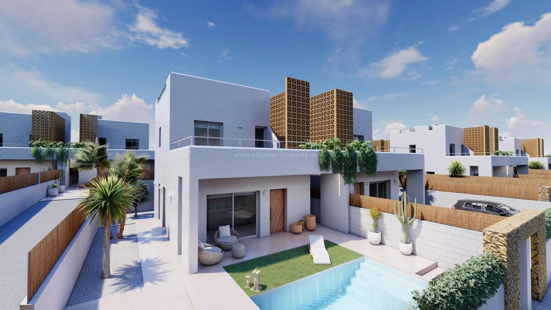 Nye villaer/hus i Pilar de la Horadada, 3 soverom, 3 bad, stor anlagt hage med privat svømmebasseng og parkeringsplass.