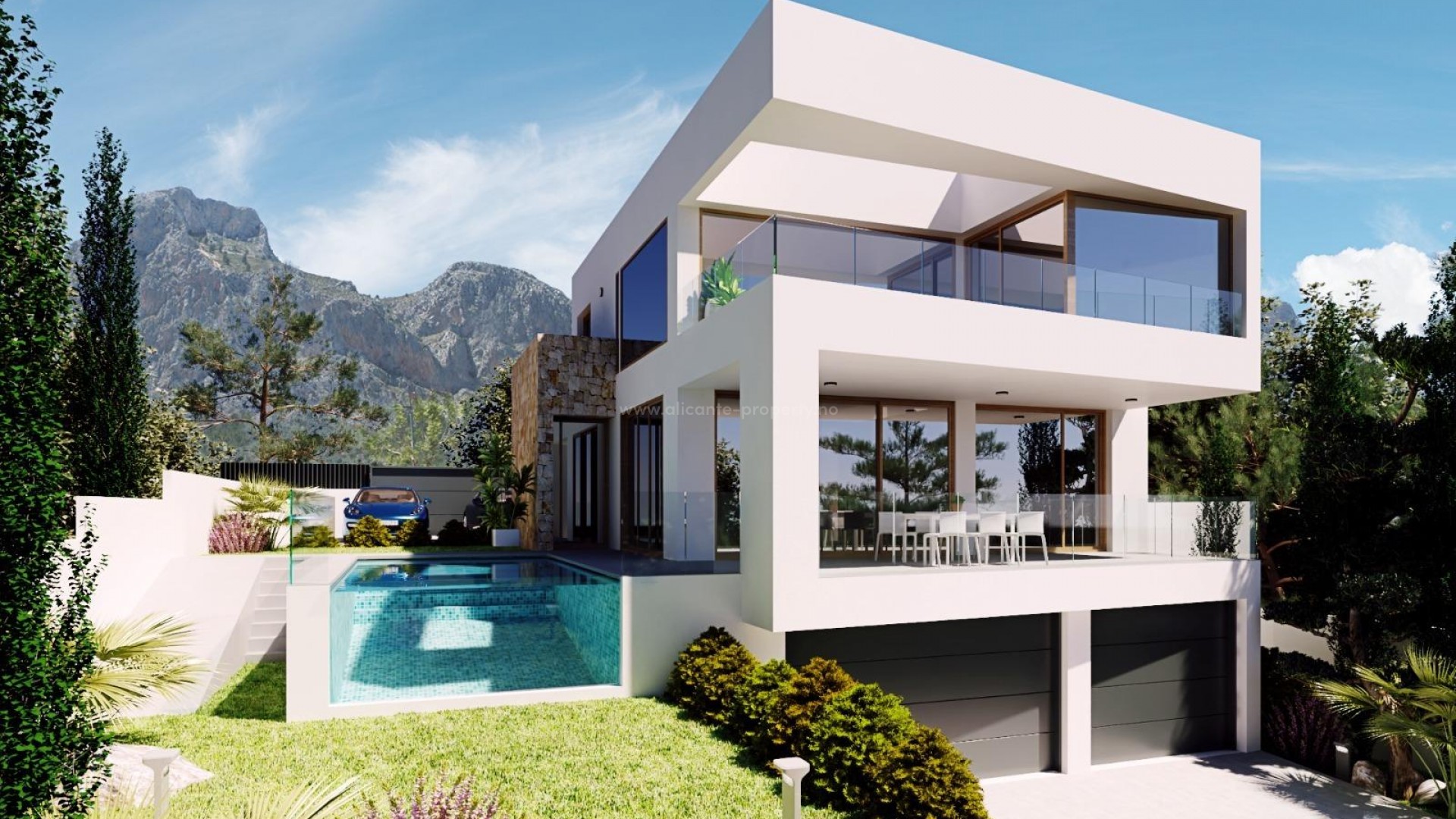 Nye villaer/hus i Polop, Alicante, 3 soverom, 3 bad, hage med basseng, overbygd terrasse og en stor åpen terrasse, utsikt over havet og fjellene