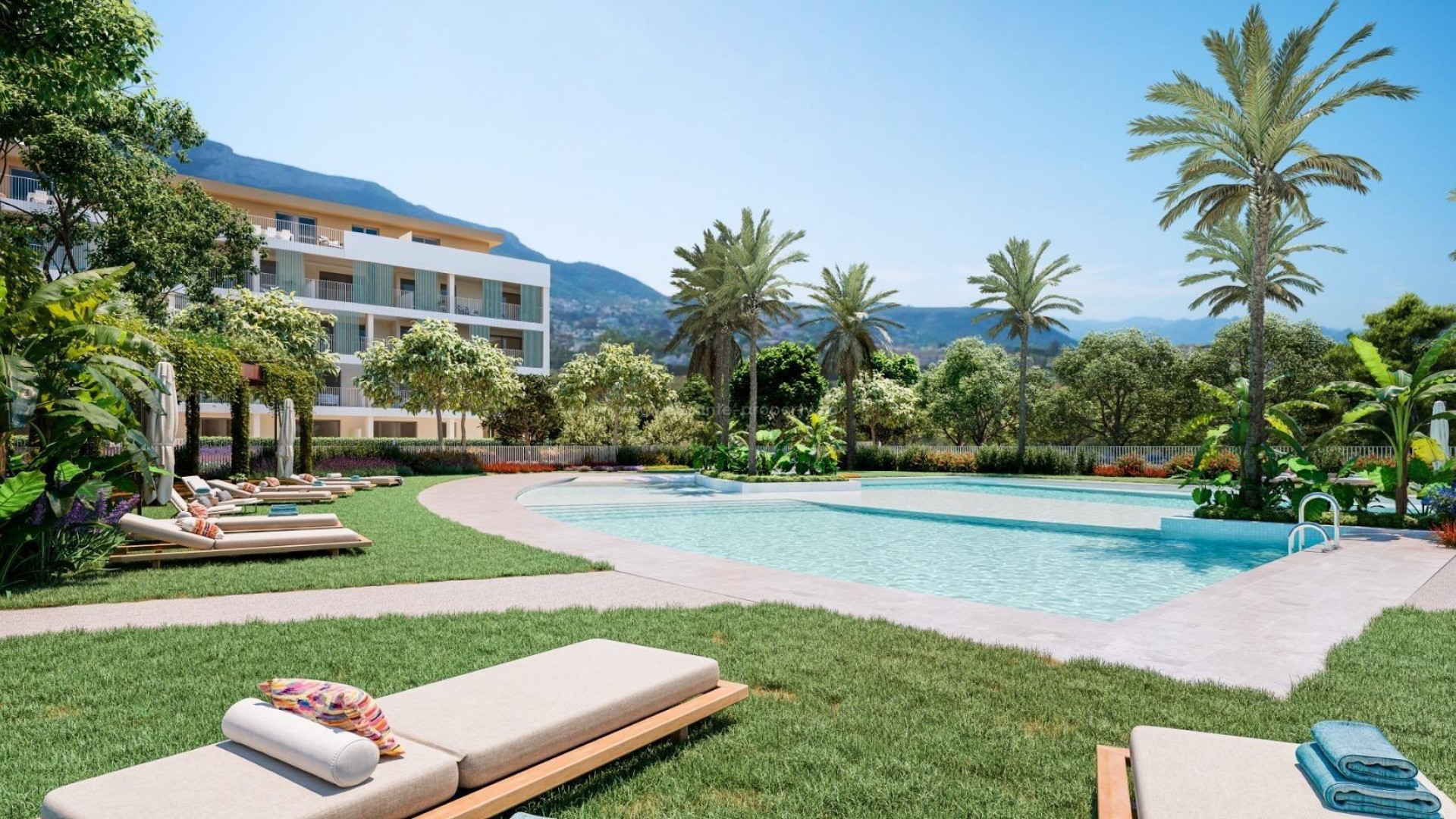 Nytt eksklusiv boligkompleks i Denia, 2/3/4 soverom, 2 bad, alle leiligheter har terrasse, flott felles svømmebasseng både for voksne og barn, fin utsikt