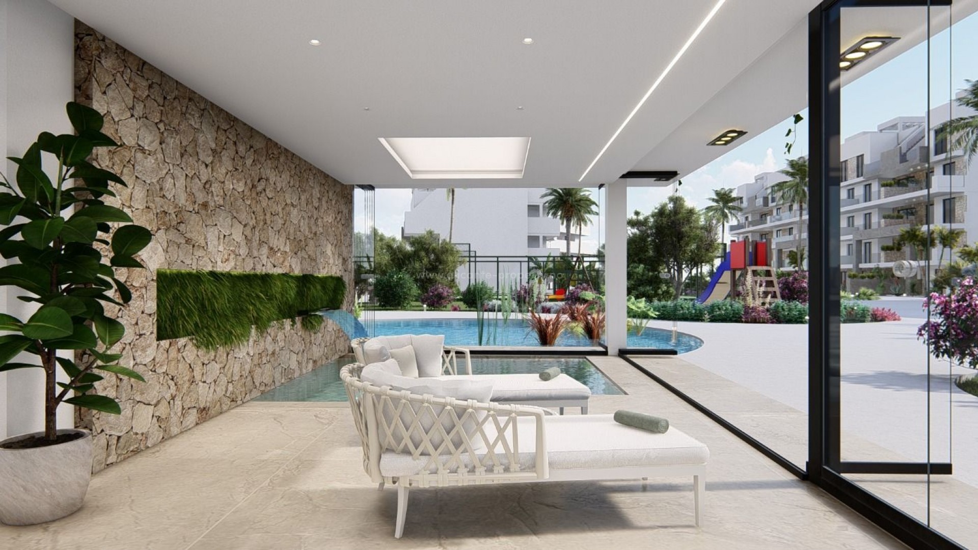 Nytt leilighets-kompleks i I El Raso, Guardamar del Segura, 2/3 soverom, felles svømmebassenger, utsikt over saltlagunen, innglasset gym-spa område