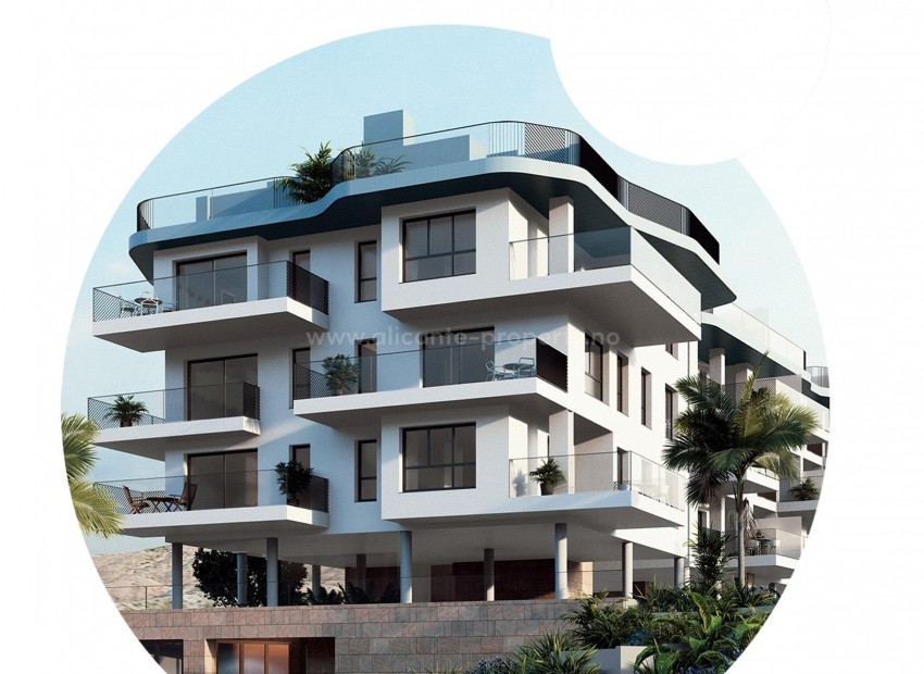 Nytt luksus leilighets-kompleks i Villajoyosa, 2/3 soverom, 2 bad, 200 meter fra sjøen, romslige terrasser og utsikt over havet, felles basseng