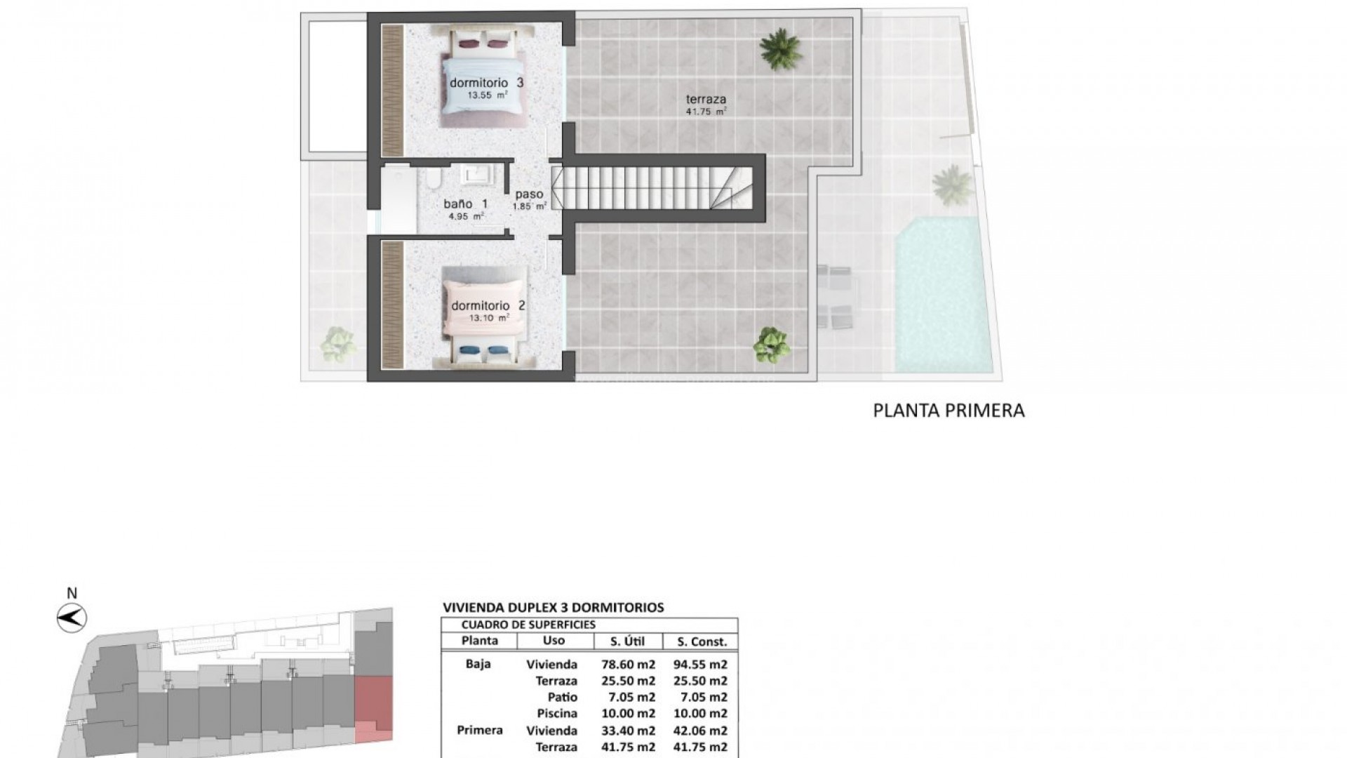 Rekkehus i Pilar de La Horadada, eksklusivt boligområde, 3 romslige soverom,  3 bad, boliger har egen parkeringsplass.