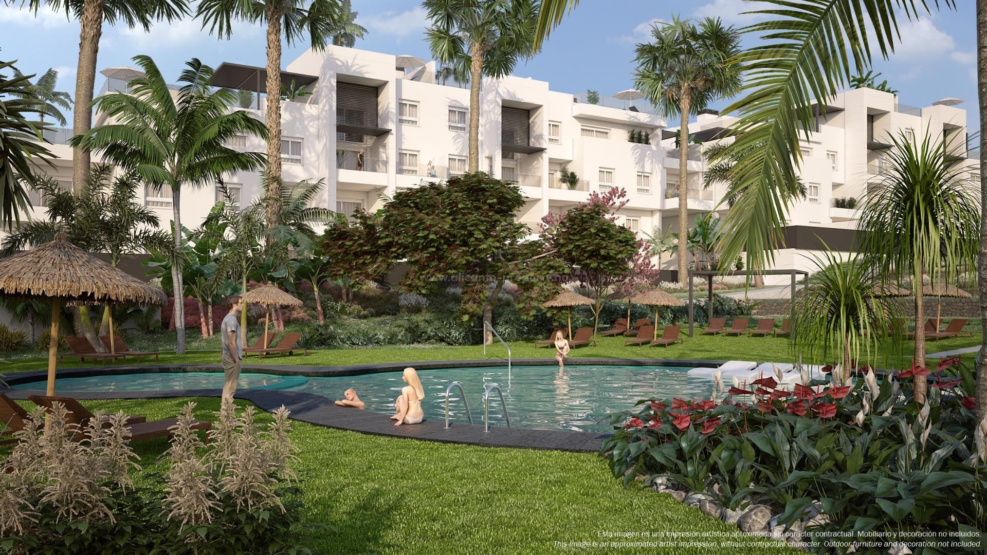 The homes in Punta Prima consist of apartments with 2 and 3 bedrooms, 2 bathrooms, terraces, two original swimming pools equipped with sunbeds