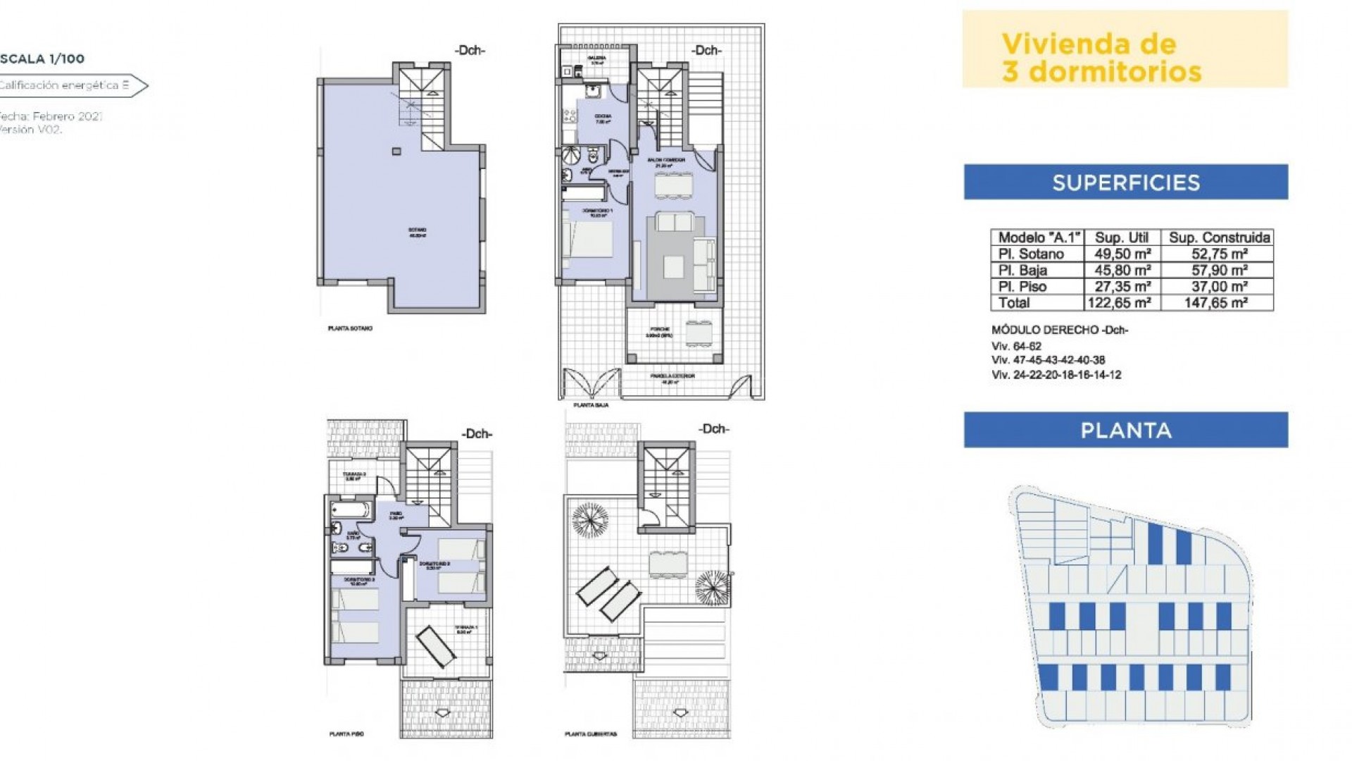 Turnkey villa/townhouse Cerro del Sol 6 km near Torrevieja, 3 bedrooms, 2 bathrooms, large gardens, private sun terraces and parking on the plots, communal pool