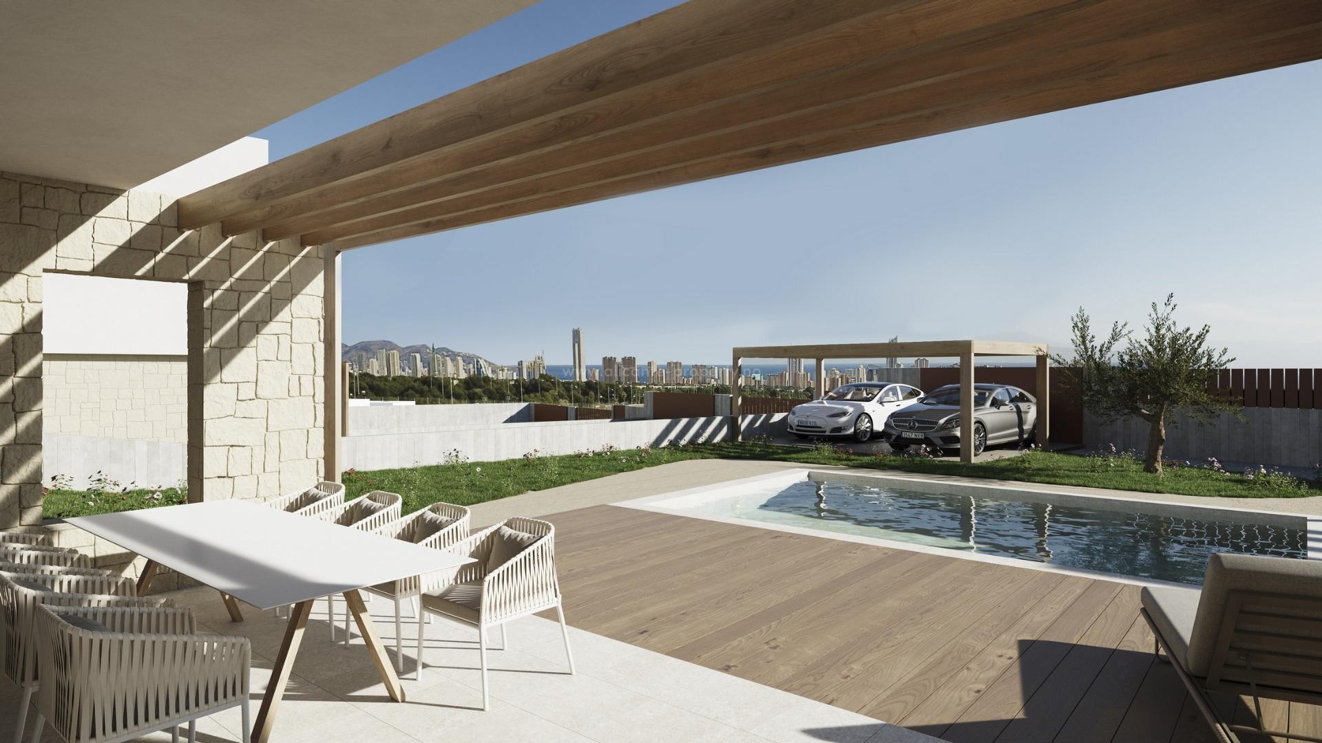 Villa/hus i Campana Garden, Finestrat, 3 soverom, 3 bad, terrasse med fantastisk utsikt over Benidorm, privat hage med svømmebasseng og parkeringsplass