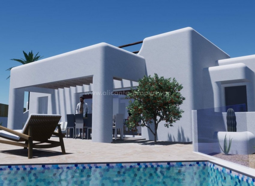 VIlla i Polop Ibiza stil,3 soverom (walk-in garderobeskap, eget bad), 2 bad, basseng, solarium, terrasser og strålende utsikt. Mulighet for kjeller 
