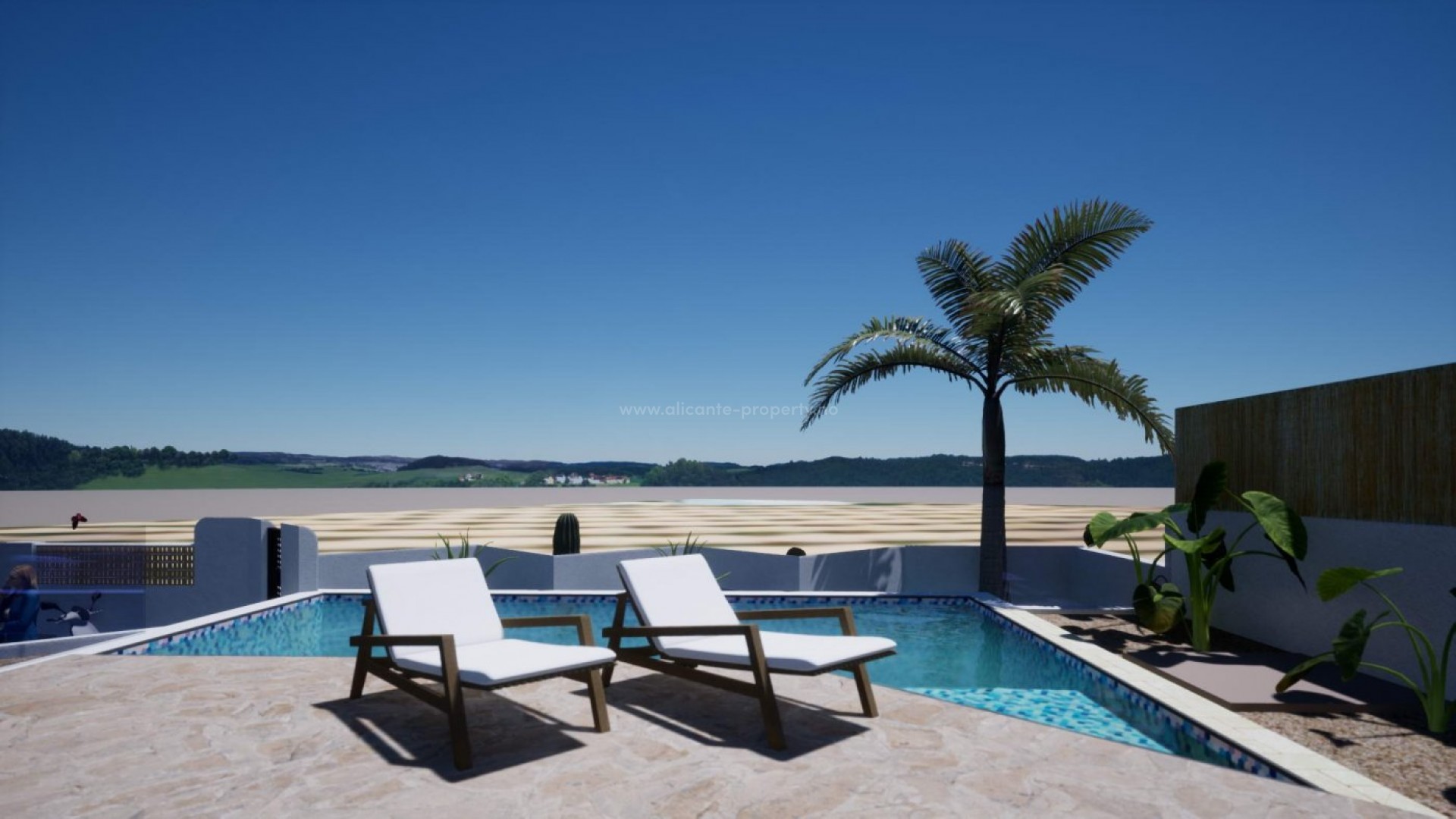 VIlla i Polop Ibiza stil,3 soverom (walk-in garderobeskap, eget bad), 2 bad, basseng, solarium, terrasser og strålende utsikt. Mulighet for kjeller 