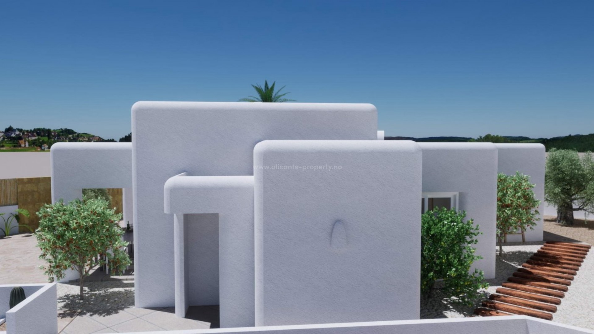VIlla i Polop Ibiza stil,3 soverom (walk-in garderobeskap, eget bad), 2 bad, basseng, solarium, terrasser og strålende utsikt. Mulighet for kjeller
