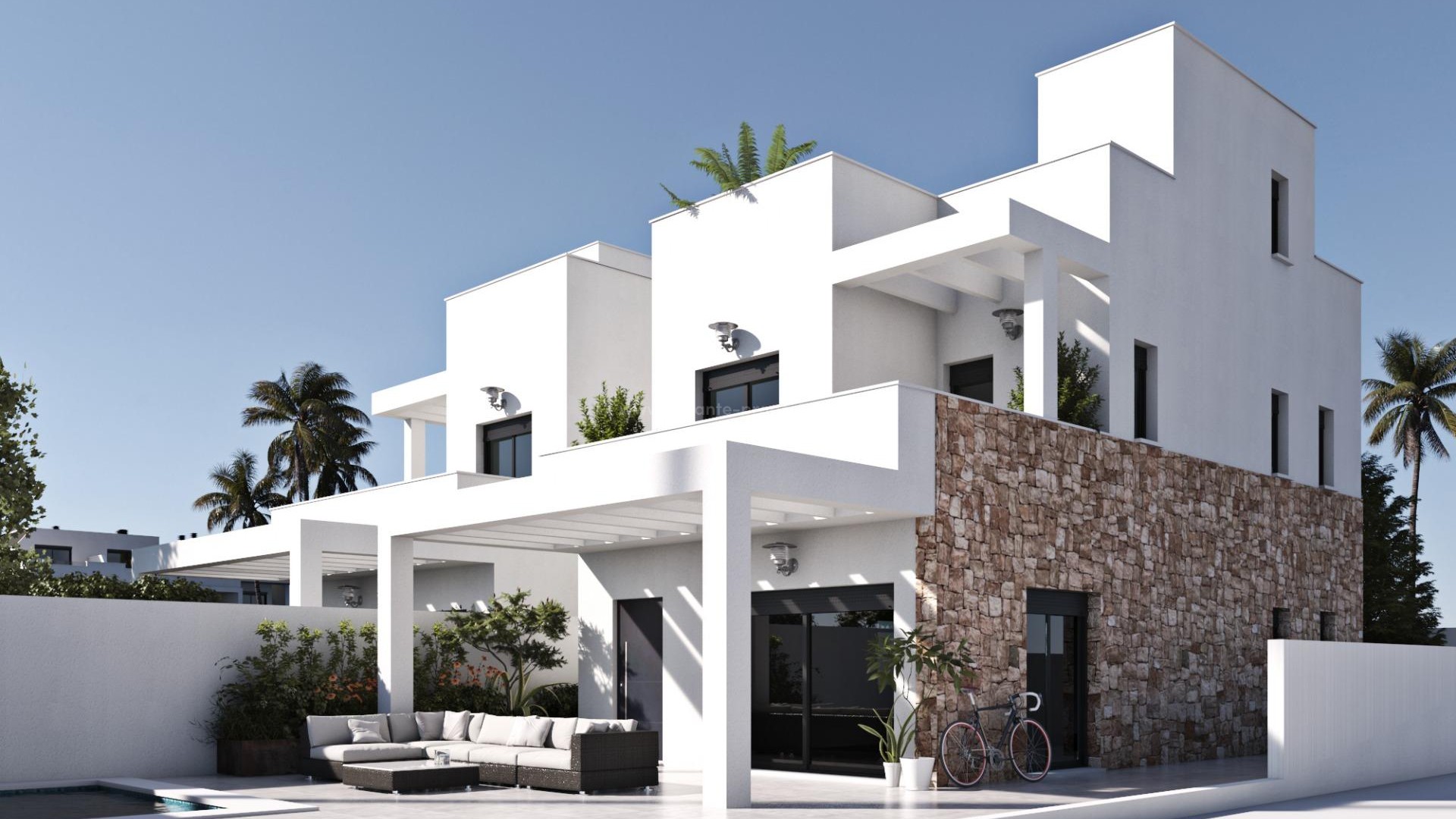Villa og bungalows i Torre de La Horadada, 450m fra strand, 3 soverom, 3 bad, terrasse og solarium, privat hage med basseng og privat parkering
