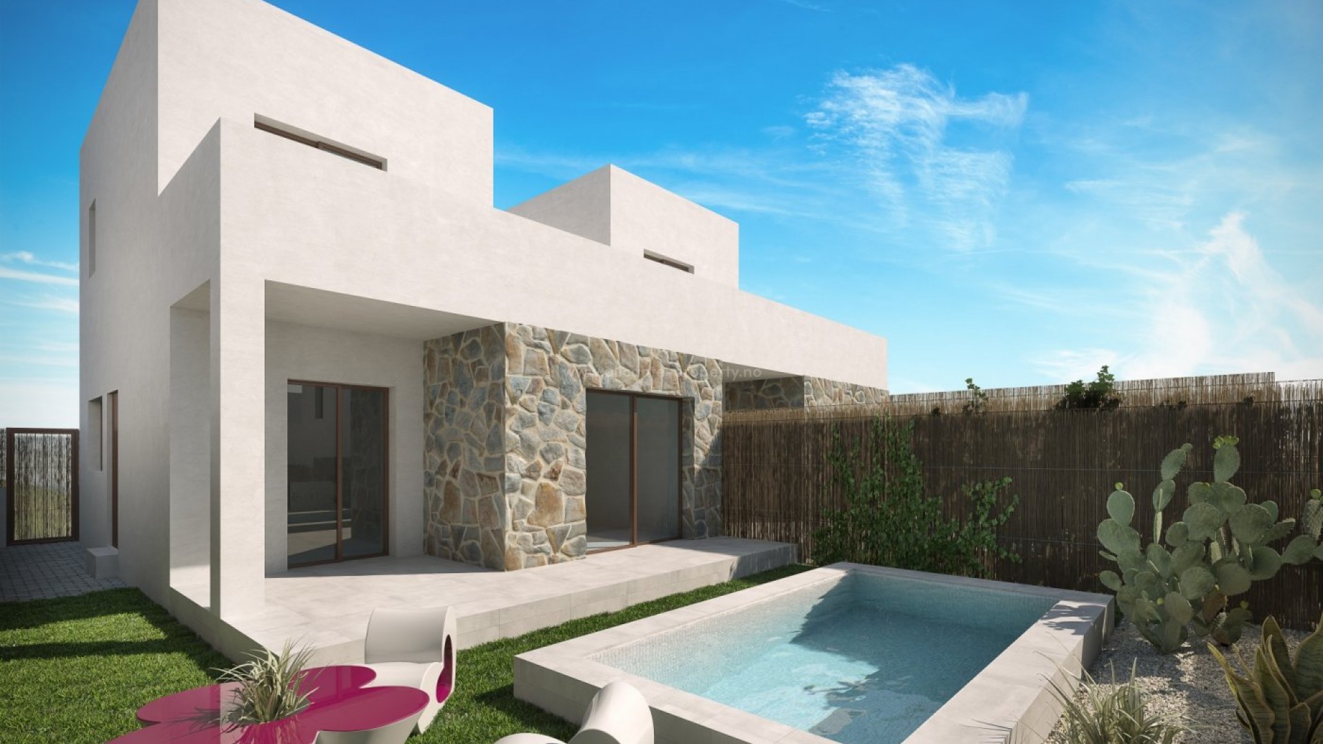 Villaer/hus i Orihuela Costa, 3 soverom, 2 bad, hage med felles svømmebasseng, også mulig for privat basseng, underjordisk parkering