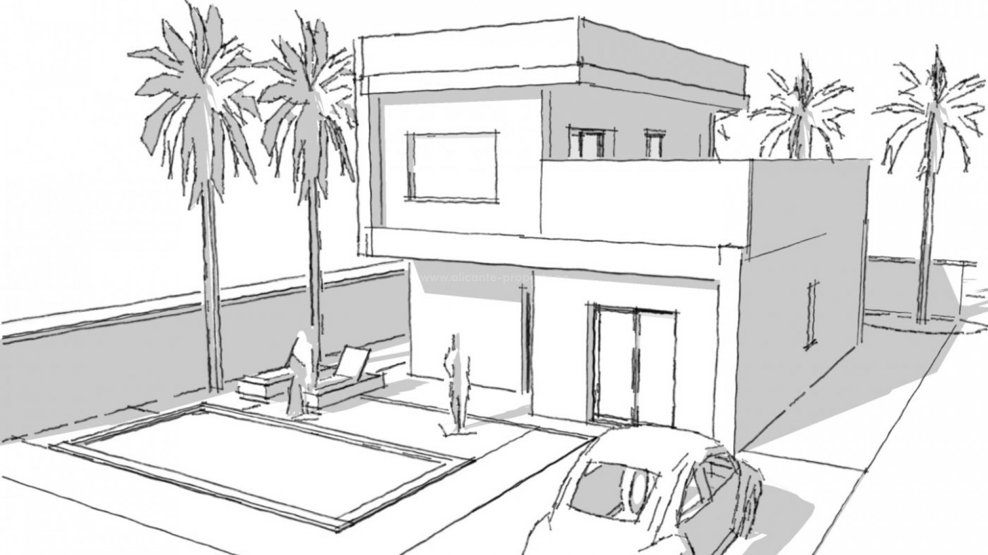 Villaer og rekkehus i Rojales, Ciudad Quesada,3 soverom, 2 bad, åpen kjøkkenløsning med stue og stor terrasse, plass til basseng, parkering