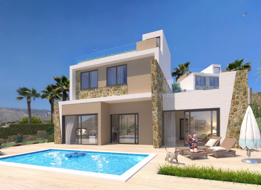 Villas/houses in Finestrat balcony close to Benidorm and Terra Mitica, panoramic sea view and Puig Campana mountain, garden and private pool