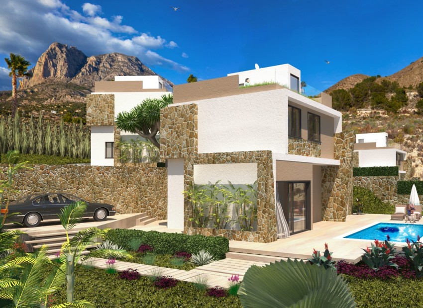 Villas/houses in Finestrat balcony close to Benidorm and Terra Mitica, panoramic sea view and Puig Campana mountain, garden and private pool
