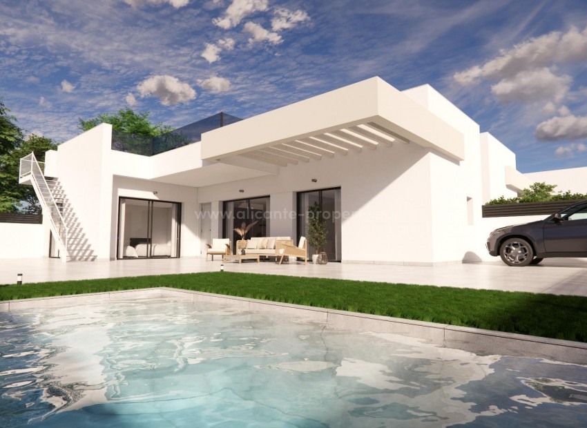 Villas in Los Montesinos, Alicante, 3 bedrooms, 3 bathrooms, open plan kitchen with living room and terrace, possibilities for private pool and solarium.