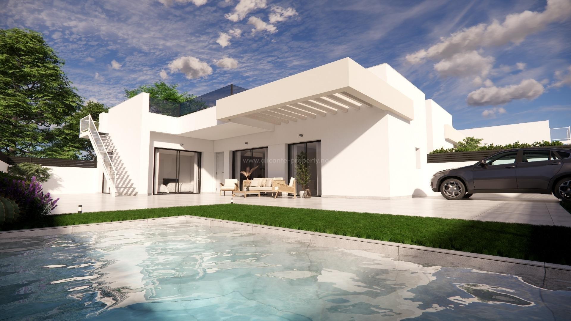 Villas in Los Montesinos, Alicante, 3 bedrooms, 3 bathrooms, open plan kitchen with living room and terrace, possibilities for private pool and solarium.